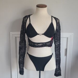 Shein Icon Bikini Set Size M Lace Top String Swimsuit Rhinestone Hearts 3 Piece⛪